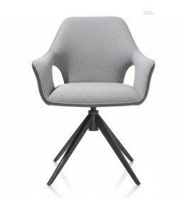 Designerski fotel obrotowy do jadalni INAYA XOOON, tapicerowany tkaniną bouclé Malmo i Pala, z czarną metalową podstawą