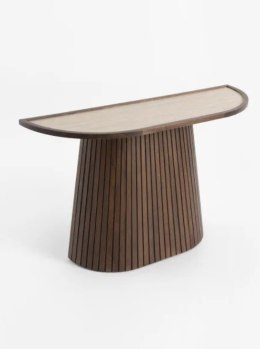 Elegancka owalna konsola CLEO COCOmaison 130 cm, blat HPL o wyglądzie trawertynu, brązowa podstawa z lamelami