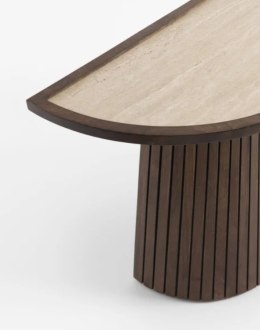 Elegancka owalna konsola CLEO COCOmaison 130 cm, blat HPL o wyglądzie trawertynu, brązowa podstawa z lamelami