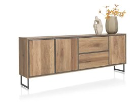 [K, defekt] Industrialna komoda TRAPANI 240 cm, fornir z mango 'smoked' na metalowej podstawie.