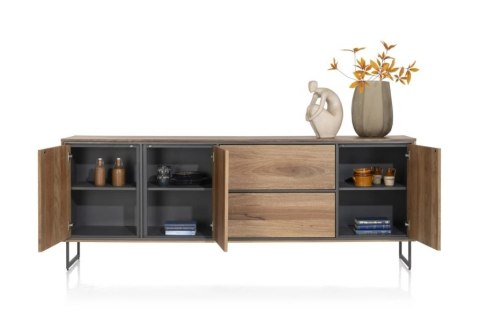 [K, defekt] Industrialna komoda TRAPANI 240 cm, fornir z mango 'smoked' na metalowej podstawie.