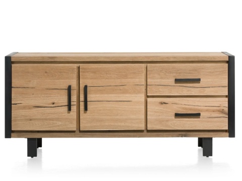 (K) Komoda BROOKLYN 180 cm, 2 drzwi, 2 szuflady, fornir dębowy Railway Brown, czarny metal