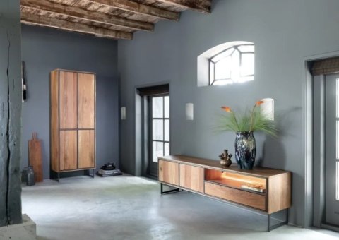 (M, defekt) Nowoczesna szafka RTV Trapani Henders & Hazel 200 cm, fornir mango smoked, z oświetleniem LED (M, defekt) Nowoczesna szafka RTV Trapani Henders & Hazel 200 cm, fornir mango smoked, z oświetleniem LED