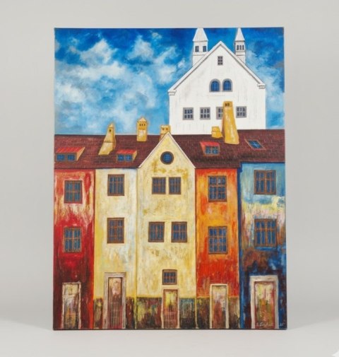 Obraz na sklejce "Złote Domy Północy" 103 x 140 cm - unikatowe, ręcznie malowane dzieło S. Biedroń Obraz na sklejce "Złote Domy Północy" 103 x 140 cm - unikatowe, ręcznie malowane dzieło S. Biedroń