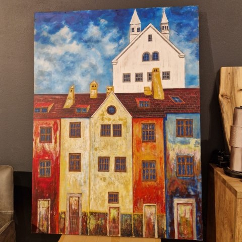 Obraz na sklejce "Złote Domy Północy" 103 x 140 cm - unikatowe, ręcznie malowane dzieło S. Biedroń Obraz na sklejce "Złote Domy Północy" 103 x 140 cm - unikatowe, ręcznie malowane dzieło S. Biedroń