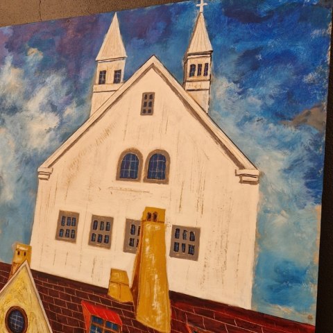 Obraz na sklejce "Złote Domy Północy" 103 x 140 cm - unikatowe, ręcznie malowane dzieło S. Biedroń Obraz na sklejce "Złote Domy Północy" 103 x 140 cm - unikatowe, ręcznie malowane dzieło S. Biedroń