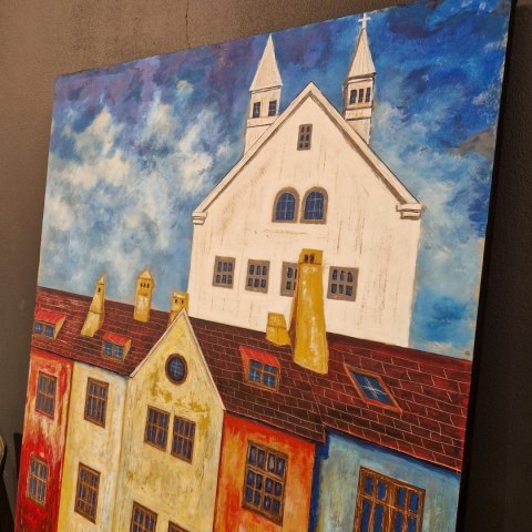Obraz na sklejce "Złote Domy Północy" 103 x 140 cm - unikatowe, ręcznie malowane dzieło S. Biedroń Obraz na sklejce "Złote Domy Północy" 103 x 140 cm - unikatowe, ręcznie malowane dzieło S. Biedroń