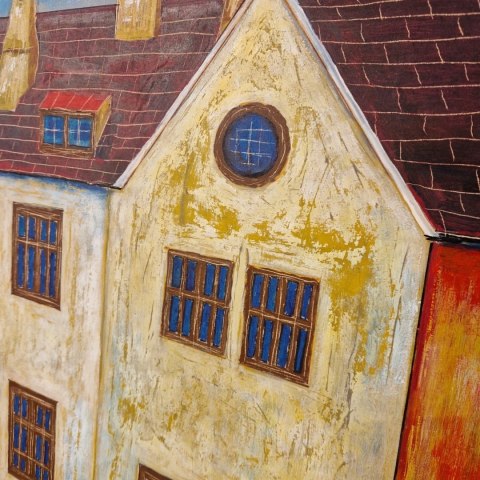 Obraz na sklejce "Złote Domy Północy" 103 x 140 cm - unikatowe, ręcznie malowane dzieło S. Biedroń Obraz na sklejce "Złote Domy Północy" 103 x 140 cm - unikatowe, ręcznie malowane dzieło S. Biedroń