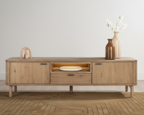 Szafka RTV ZADE 210 cm, fornir dębowy Dune, 2 drzwi, 1 szuflada, 1 nisza LED Szafka RTV ZADE 210 cm, fornir dębowy Dune, 2 drzwi, 1 szuflada, 1 nisza LED