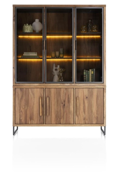 Witryna/Kredens EVEREST 150 cm, 3 szklane drzwi LED, 3 pełne drzwi soft-closing, fornir z dymionego drzewa mango Witryna/Kredens EVEREST 150 cm, 3 szklane drzwi LED, 3 pełne drzwi soft-closing, fornir z dymionego drzewa mango