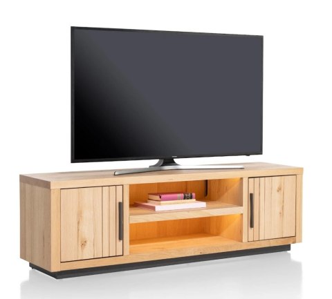 (defekt) Szafka RTV/Lowboard PAVIE 160 cm z eukaliptusa i forniru dębowego, naturalny kolor, LED, soft-closing (defekt) Szafka RTV/Lowboard PAVIE 160 cm z eukaliptusa i forniru dębowego, naturalny kolor, LED, soft-closing