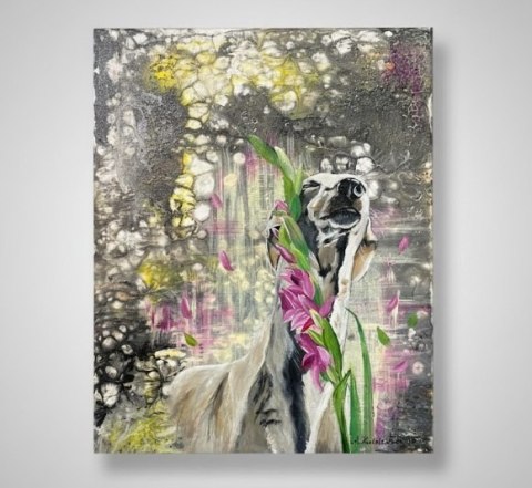 Obraz Ręcznie Malowany "Kwiatowa Błogość" - Chart w Mieczykach 40x50 cm