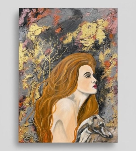 Obraz Ręcznie Malowany "Miedziana Aura" - Kobieta z Chartem 58x78 cm