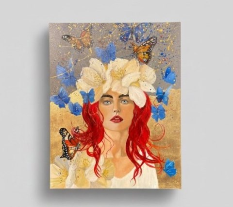 Obraz Ręcznie Malowany "Motyla Aura" - Kobieta w Kwiatach 58x78 cm
