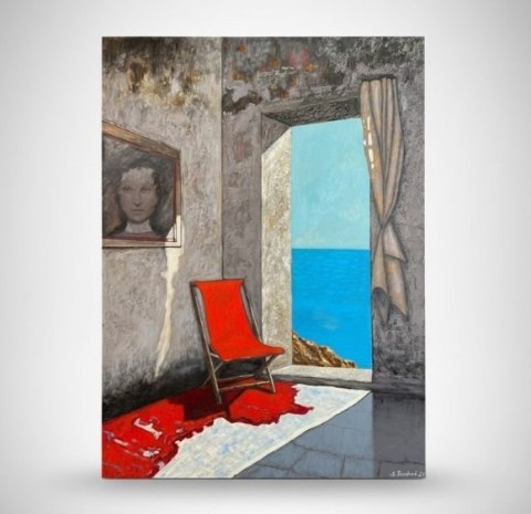 Obraz Ręcznie Malowany "Nadmorska Cisza" - Wnętrze z Czerwonym Krzesłem 103,5x140 cm