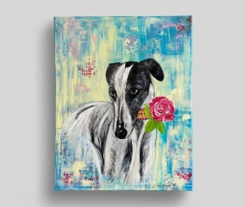 Obraz Ręcznie Malowany "Romantyczny Chart" - Pies z Różą 40x50 cm
