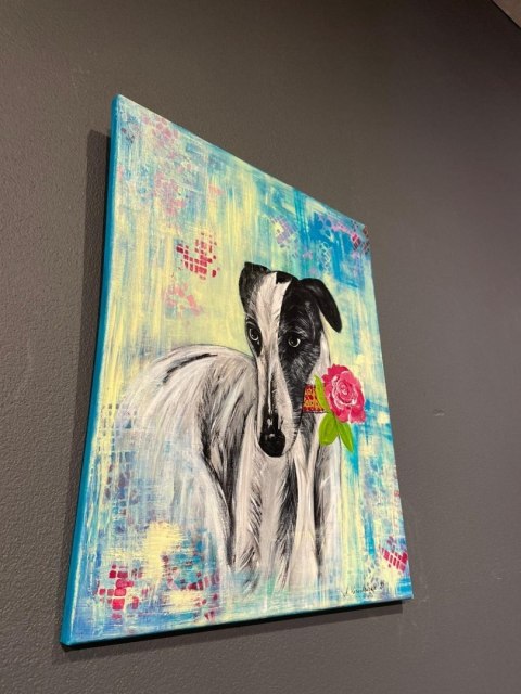 Obraz Ręcznie Malowany "Romantyczny Chart" - Pies z Różą 40x50 cm