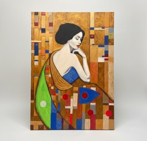Obraz Ręcznie Malowany "Złota Muza" - Inspirowany Klimtem 100x140 cm