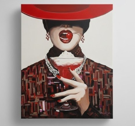 Obraz Akrylowy na Płótnie „Wiśniowa Pokusa” – Kobieta w Czerwonym Kapeluszu 100x120 cm