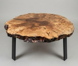 Stolik Kawowy Live Edge z Plastra Czeczota Topoli nr [9] Wymiary 108x106 cm, Grubość 9 cm, Nogi Metalowe Czarne