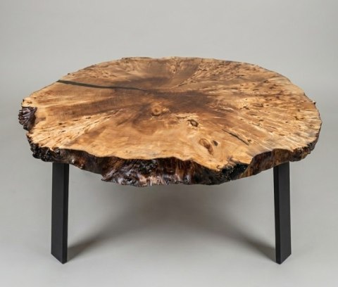 Stolik Kawowy Live Edge z Plastra Czeczota Topoli nr [9] Wymiary 108x106 cm, Grubość 9 cm, Nogi Metalowe Czarne