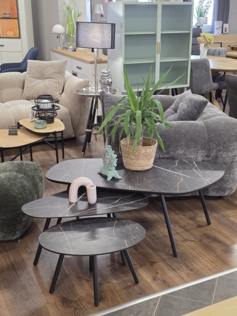 Zestaw trzech stolików kawowych Palazio - Blat Primo Laminato o wyglądzie marmuru Onyx