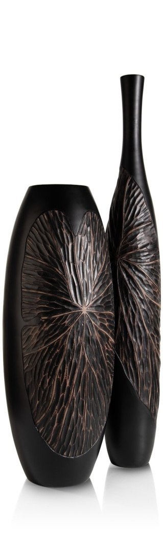 [na zamówienie] Wazon Podłogowy FAYE 75 cm, Szeroki, Struktura Liści, Polyresin Czarny - Coco Maison (50036-ZWA)