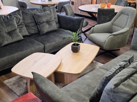 [Od ręki] Komplet stolików kawowych CASTELLO (Zestaw 2 szt.), fornir Dąb Piaskowy (Sand Oak), organiczny kształt