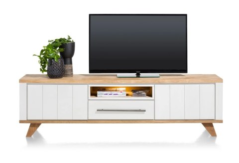 Szafka RTV / Lowboard JARDIN, 210 cm, Dąb Fornir Railway Brown + Biały MDF, Oświetlenie LED