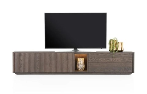 [na zamówienie] Nowoczesna szafka RTV TRENTON 240 cm, fornir dębowy w kolorze clay, na metalowych nogach lub cokole, z LED