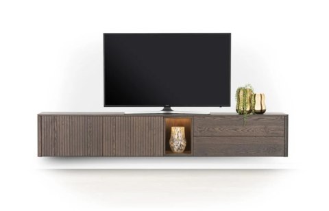 [na zamówienie] Nowoczesna szafka RTV TRENTON 240 cm, fornir dębowy w kolorze clay, na metalowych nogach lub cokole, z LED