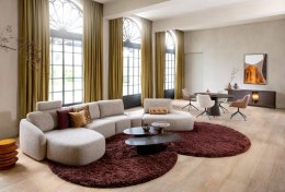 [na zamówienie] Stolik Kawowy TRENTON 80x51 cm, Fornir Dębowy Kolor Clay, Kształt Organiczny, Centralna Noga Stożkowa