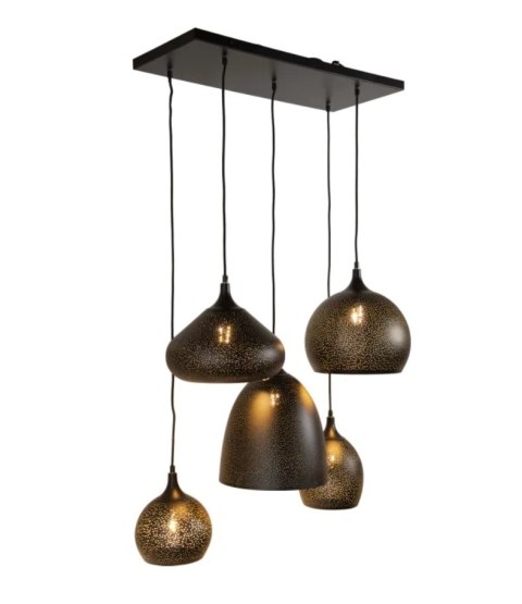 [K] Lampa Wisząca Arjen 5-Light - Czarno-Złoty Industrial, Regulowana Wysokość