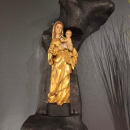 Monumentalna Rzeźba Ścienna Madonna - 100 cm | Czarne Drewno i Złoto