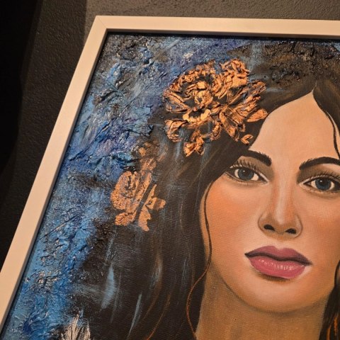 Obraz Ręcznie Malowany "Biały Anioł (Niebiański Spokój)" - Technika Mieszana na Sklejce [42x52 cm]