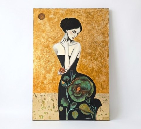 Obraz Ręcznie Malowany "Złoty Sen" - Elegancka Kobieta w Kwiatach [140x95]