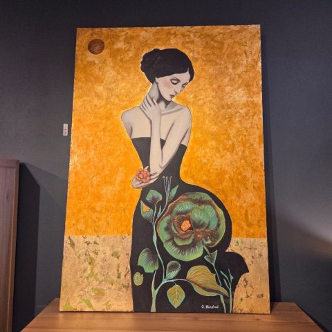 Obraz Ręcznie Malowany "Złoty Sen" - Elegancka Kobieta w Kwiatach [140x95]