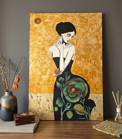 Obraz Ręcznie Malowany "Złoty Sen" - Elegancka Kobieta w Kwiatach [140x95]