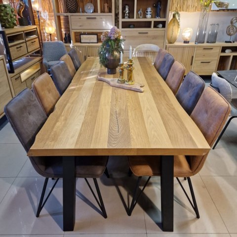 [R, od ręki] Stół Jadalniany Metalox 270 cm - Fornir Dębowy - 4 Czarne Nogi Stalowe