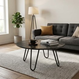 Stolik kawowy Brest 80 cm - optyka czarnego marmuru, HPL, czarne stalowe nogi