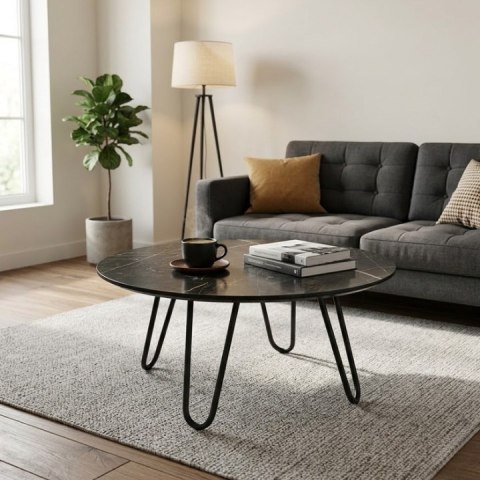 Stolik kawowy Brest 80 cm - optyka czarnego marmuru, HPL, czarne stalowe nogi