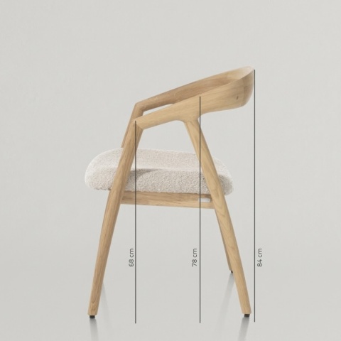 [na zmówienie] Krzesło z podłokietnikami DANTE, szara tkanina bouclé, nogi z litego dębu w kolorze antracytu