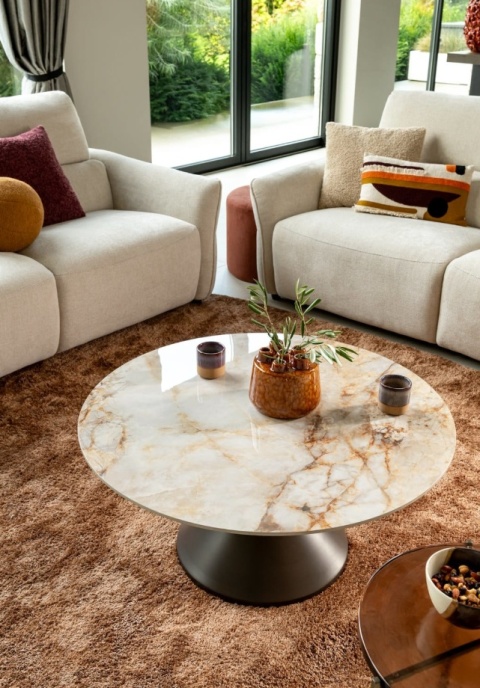 [od ręki] Okrągły Stolik Kawowy Avelli 90 cm – Ceramiczny Blat, Metalowa Podstawa Steelbrown