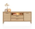 Elegancka Komoda / Sideboard NYSTEAD 180 cm - Fornir Dębowy Dune Natural, Oświetlenie LED, Lakier Platynowy, Soft-Closing