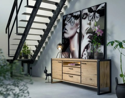 Industrialna Komoda METALO 180 cm - Fornir Dębowy Railway Brown, Metalowe Profile Desert Black, Oświetlenie LED, Soft-Closing