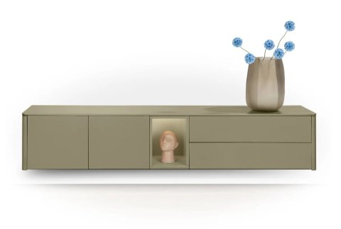 [K] Szafka RTV / Lowboard TRENTINO 211 cm - Lakierowany MDF w Kolorze Oliwkowym, System Push-to-Open, Oświetlenie LED