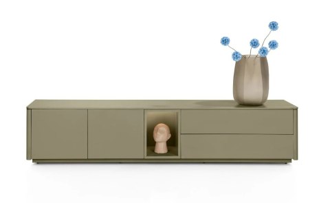 [K] Szafka RTV / Lowboard TRENTINO 211 cm - Lakierowany MDF w Kolorze Oliwkowym, System Push-to-Open, Oświetlenie LED