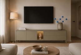 [K] Szafka RTV / Lowboard TRENTINO 211 cm - Lakierowany MDF w Kolorze Oliwkowym, System Push-to-Open, Oświetlenie LED