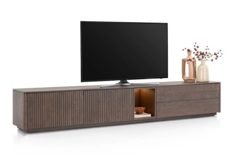 [na zamówienie] Szafka RTV Lowboard TRENTON 270 cm - XOOON | Fornir Dębowy Clay, Podświetlenie LED, System Push-to-Open