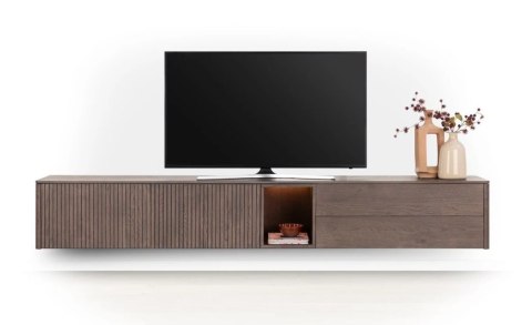 [na zamówienie] Szafka RTV Lowboard TRENTON 270 cm - XOOON | Fornir Dębowy Clay, Podświetlenie LED, System Push-to-Open